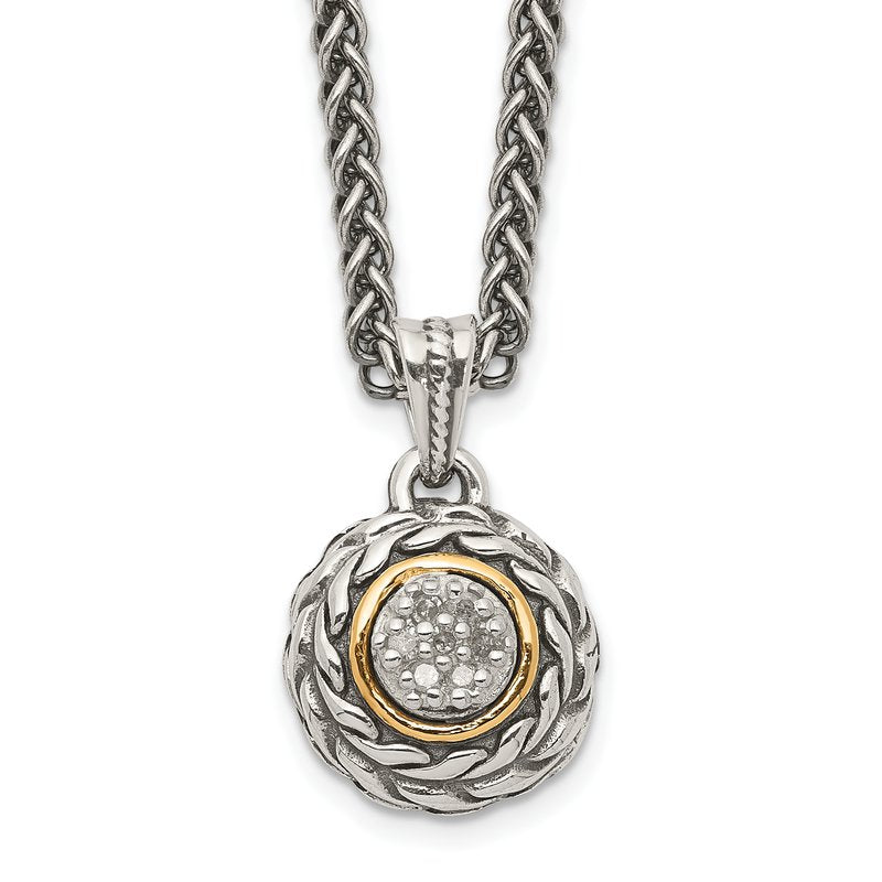 Sterling Silver Antiqued with 14K Accent 18 Inch Diamond Round Pendant Necklace