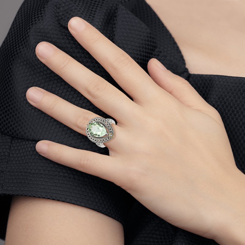Sterling Silver with 14K Accent Antiqued Diamond and Pear Shaped Green Quartz Ring