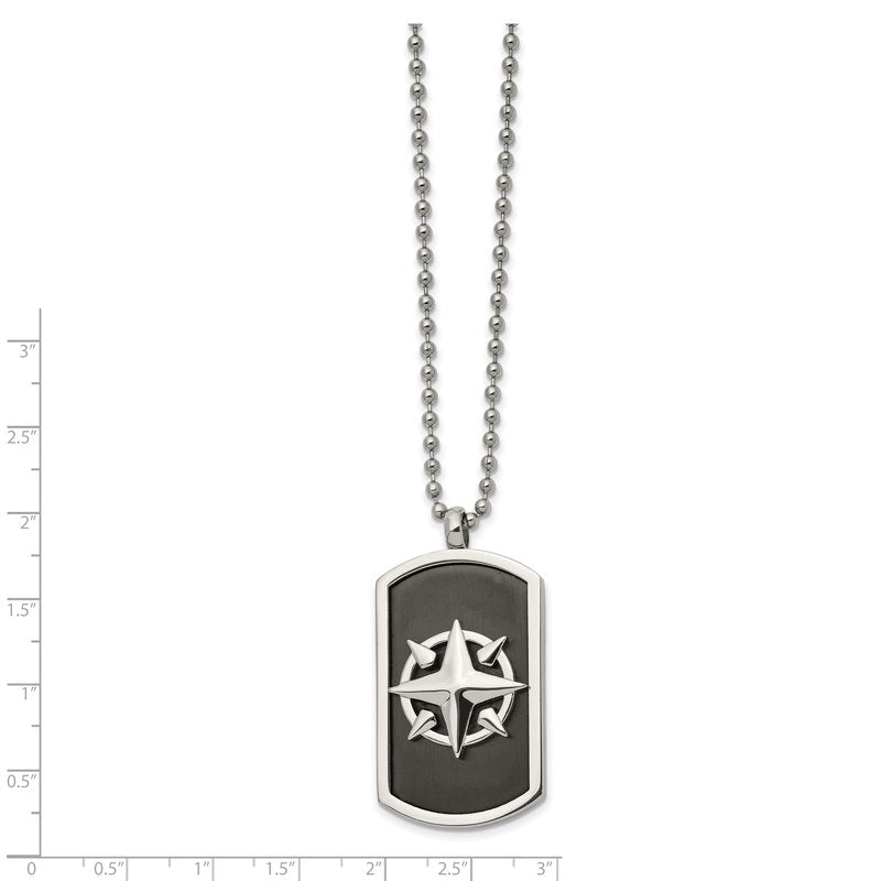 Stainless Steel Brushed and Polished Black IP-plated Compass Dog Tag on a 24 inch Ball Chain Necklace
