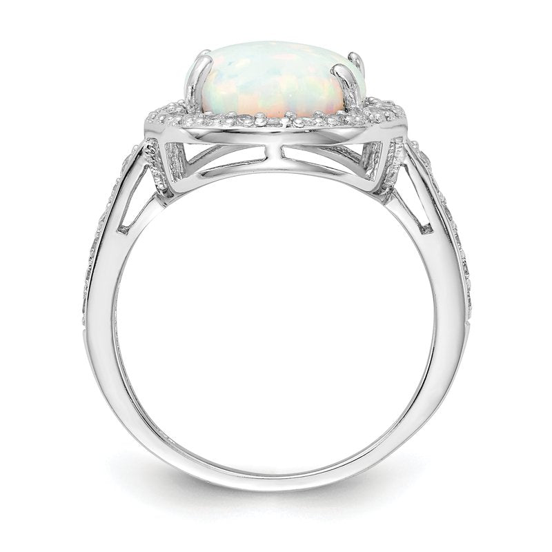 Sterling Silver Rhodium-plated Cabochon Lab Created Opal and Brilliant-cut CZ Oval Halo Ring