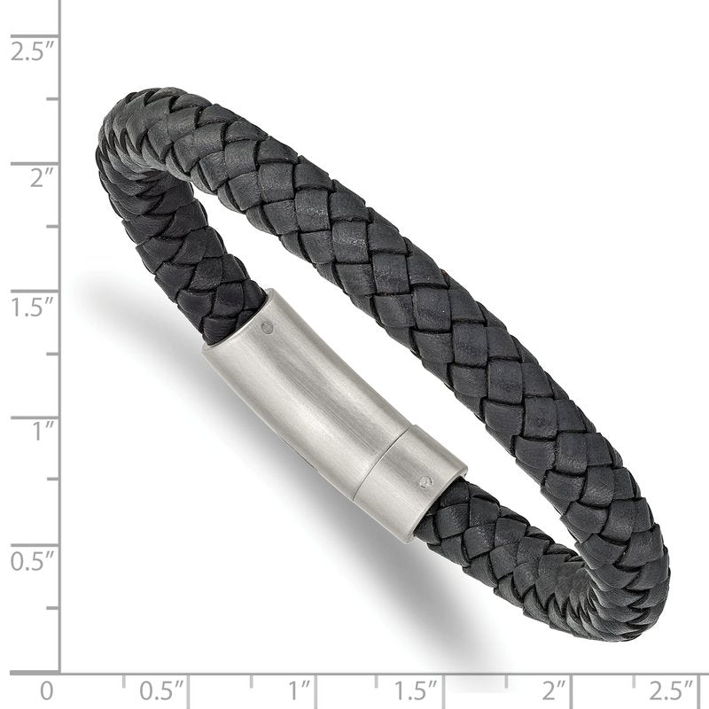 Stainless Steel Brushed Grey Braided Leather 8.25 inch Bracelet