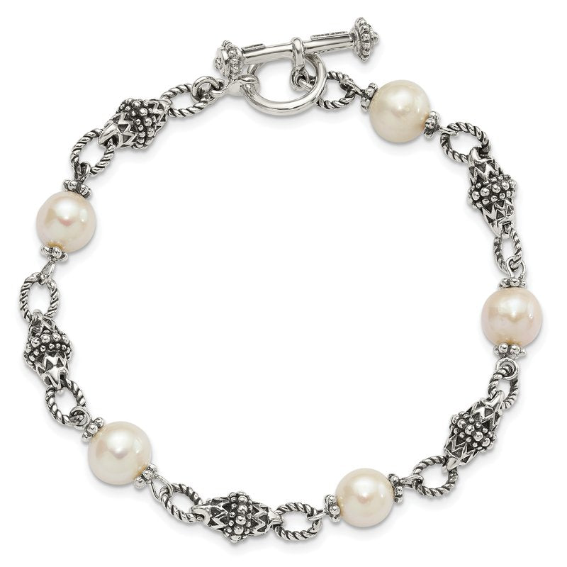 Sterling Silver 8 Inch Antiqued 8-8.5mm Freshwater Cultured Pearl Bracelet