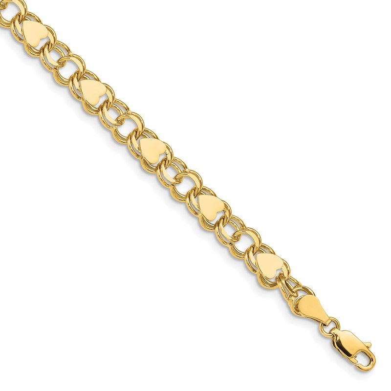 14k 7mm Solid Double Link with Hearts 7 inch Charm Bracelet