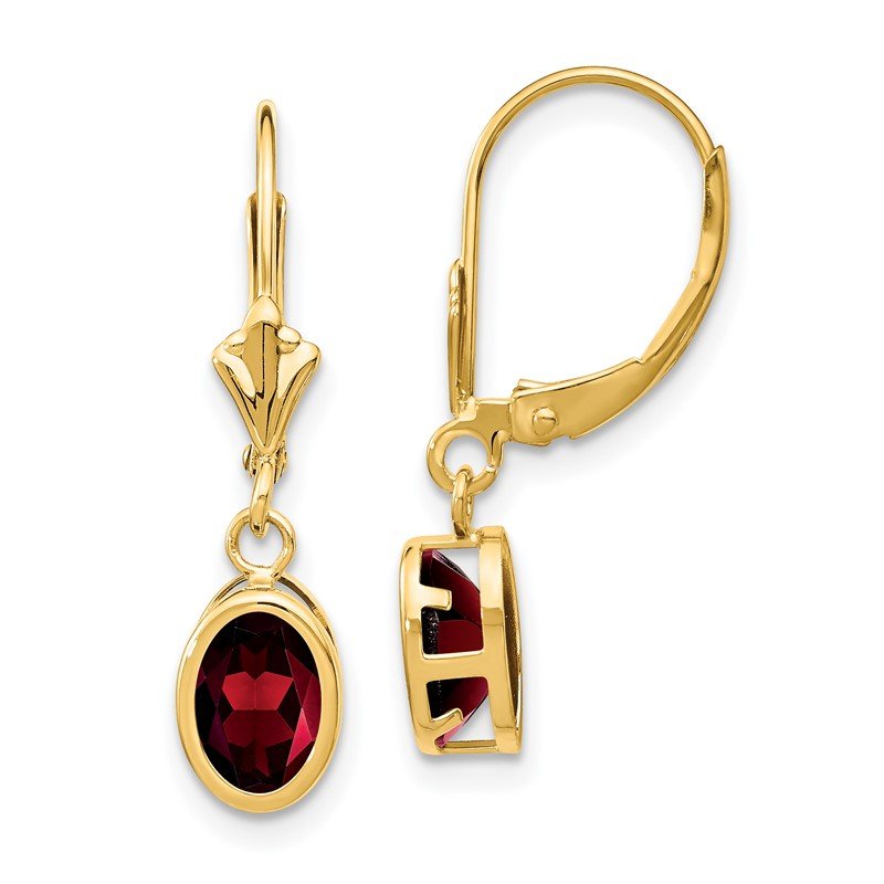 14k 7x5mm Oval Garnet Bezel Leverback Dangle Earrings