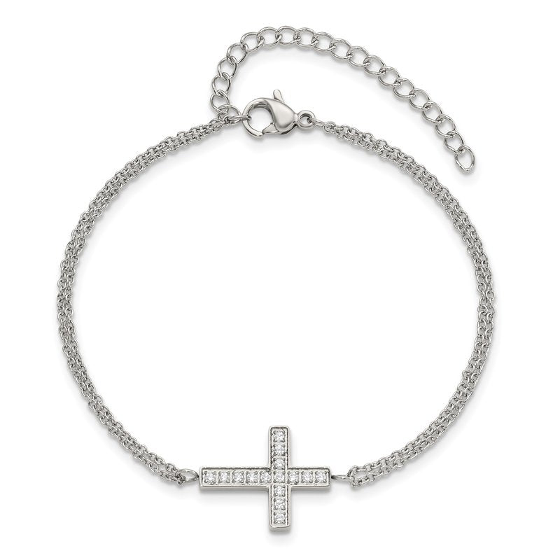 Stainless Steel Polished CZ Sideways Cross 6.25 inch Bracelet with 2 inch Extension