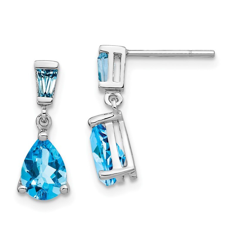 14k White Gold Pear/Baguette Blue Topaz Dangle Post Earrings