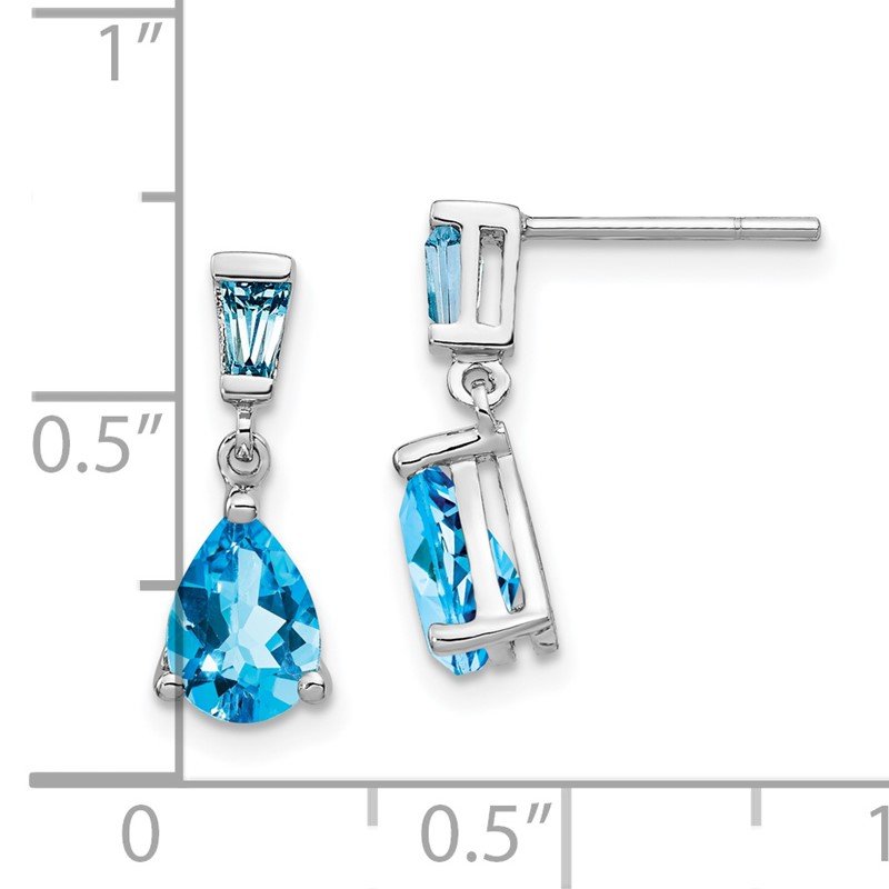 14k White Gold Pear/Baguette Blue Topaz Dangle Post Earrings