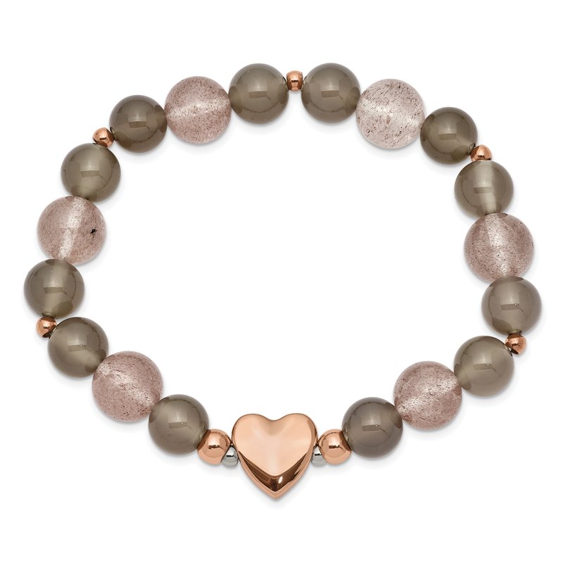 Stainless Steel Polished Rose IP-plated Heart 10mm Grey Agate and Strawberry Quartz Beaded Stretch Bracelet