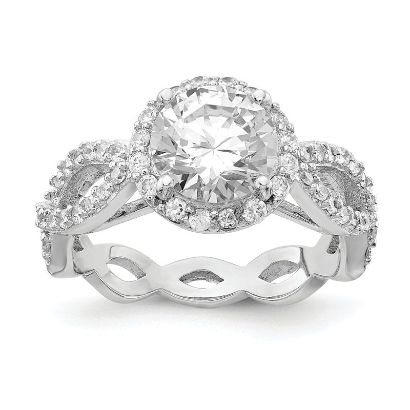 Sterling Silver Rhodium-plated Brilliant-cut Round CZ Halo Center and Twisted Design Ring