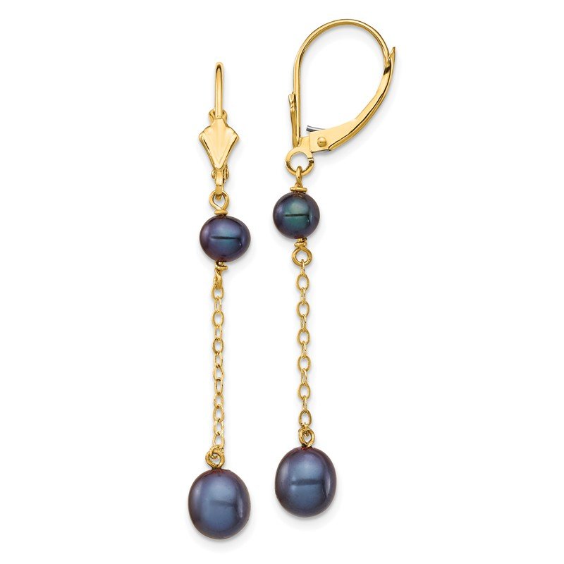 14k 5-7mm Black Rice and Semi-Round Freshwater Cultured Pearl Chain Dangle Leverback Earrings