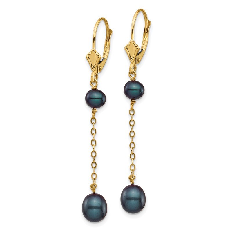 14k 5-7mm Black Rice and Semi-Round Freshwater Cultured Pearl Chain Dangle Leverback Earrings