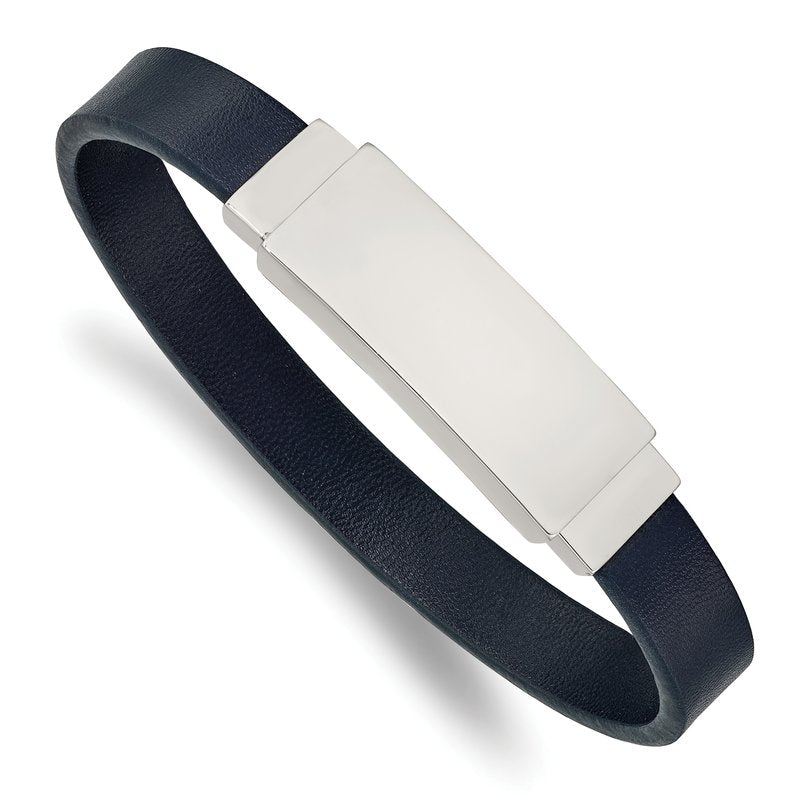 Stainless Steel Polished Navy Blue Leather 8.5 inch ID Bracelet