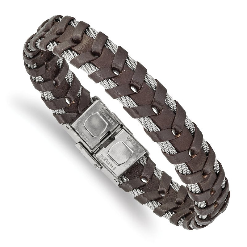 Stainless Steel Polished Cable and Brown Leather 8.25 inch Bracelet