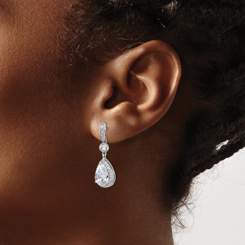 Sterling Silver Rhodium-plated Brilliant-cut CZ Teardrop and Bezel Halo Post Dangle Earrings