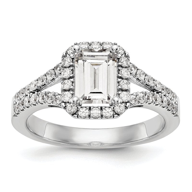 14K White Gold 3/8 carat Lab Grown Diamond VS+ F+ Semi-Mount Emerald Halo Engagement Ring