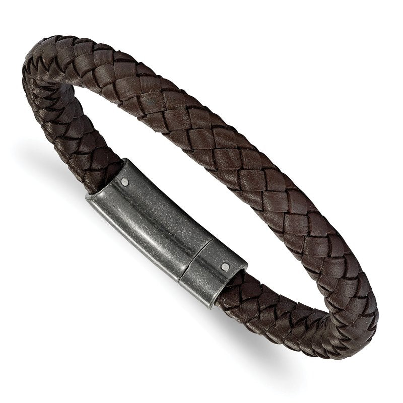 Stainless Steel Brushed Brown Braided Leather 8.25 inch Bracelet
