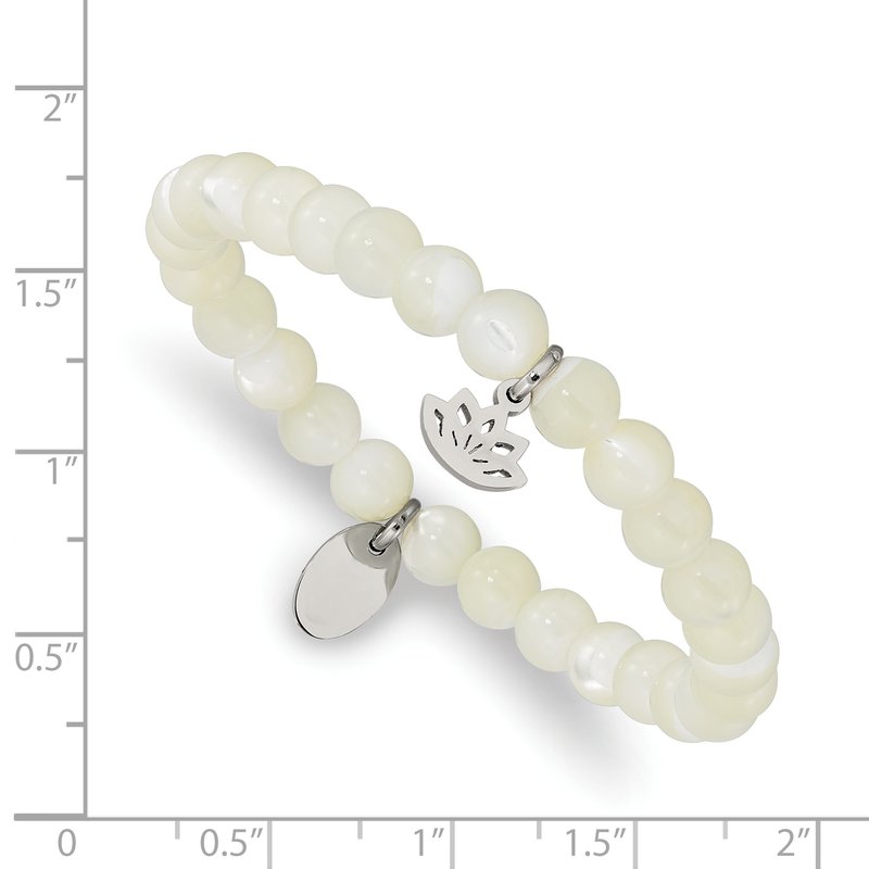 Stainless Steel Polished Lotus 6mm Mother of Pearl Beaded Stretch Bracelet