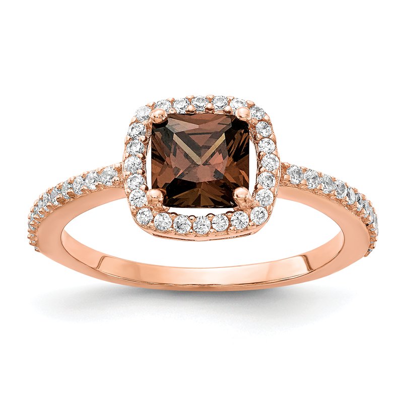 Sterling Silver Rose Gold-plated Cocoa Cushion-cut and White Brilliant-cut CZ Halo Ring