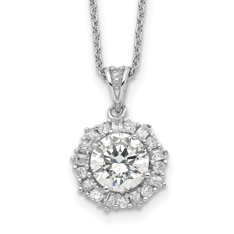 Sterling Silver Rhodium-plated Brilliant-cut and Emerald-cut CZ Halo 18 Inch Necklace