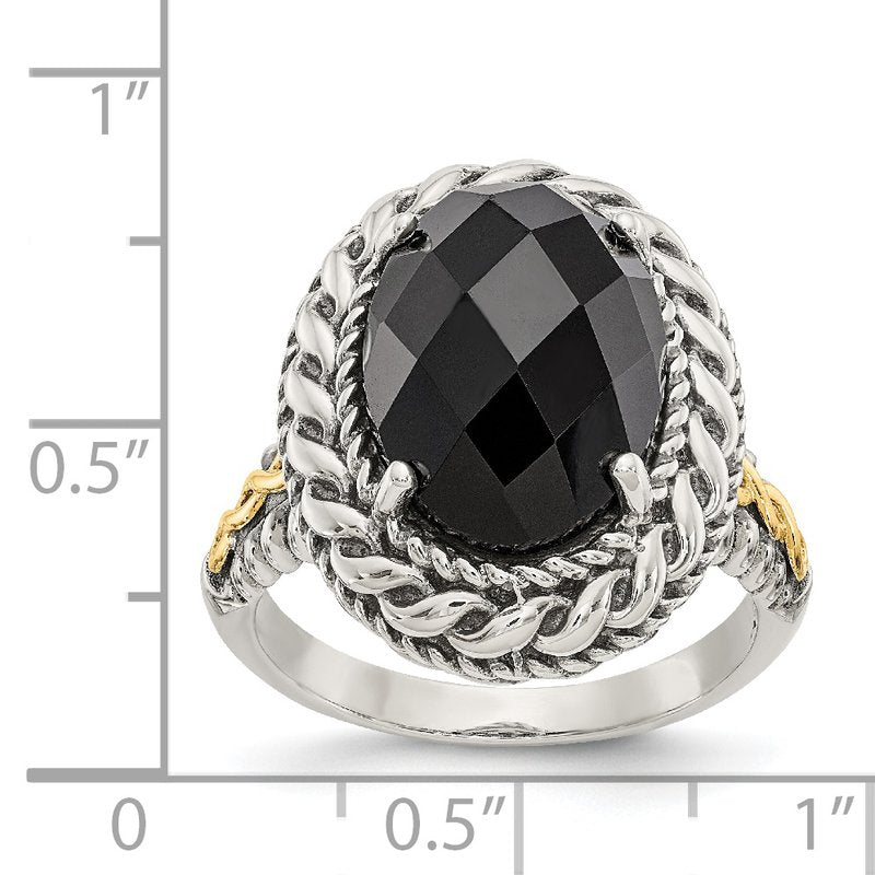 Sterling Silver with 14K Accent Antiqued Checkerboard-cut Black Onyx Ring