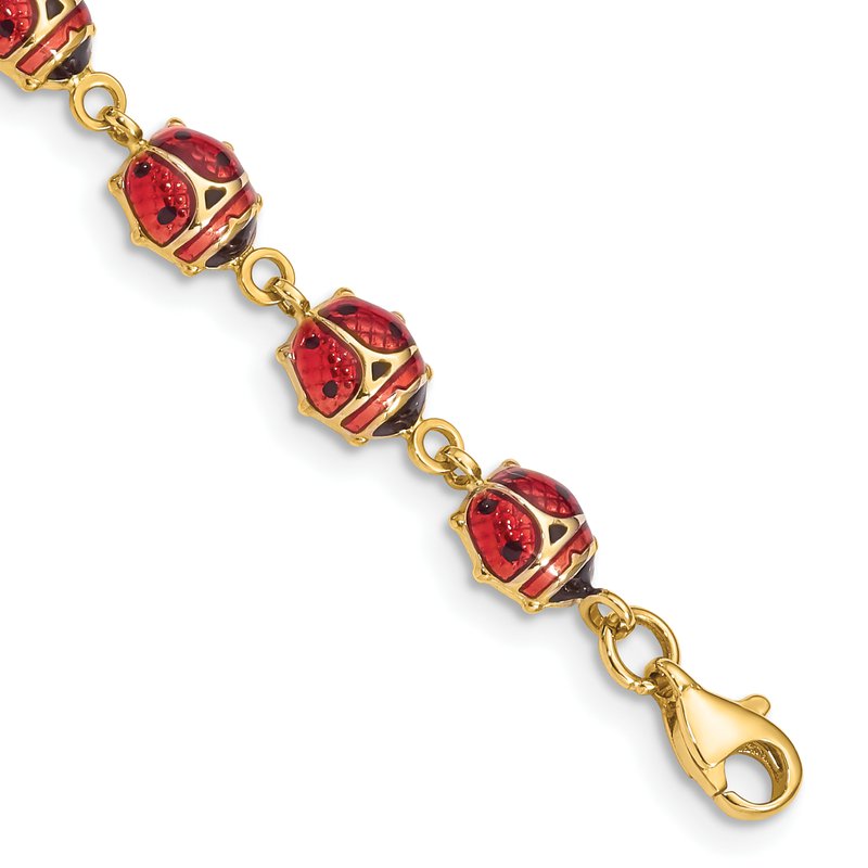 14K Red and Black Enamel and Resin Ladybug 7 inch Bracelet