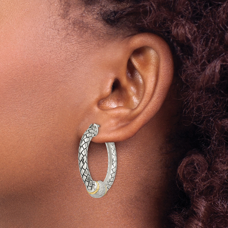 Sterling Silver with 14K Accent Antiqued Diamond Hoop Earrings