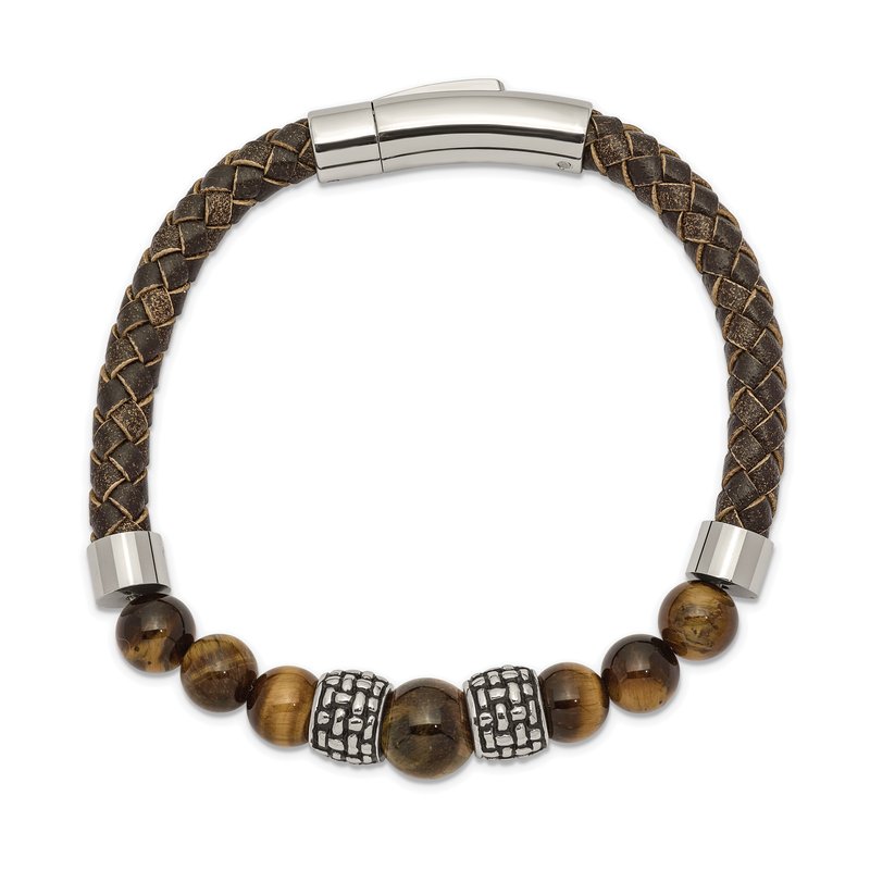 Stainless Steel Antiqued and Polished Tiger's Eye Beads Brown Leather 8.5 inch Bracelet