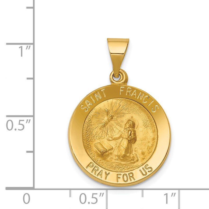 14k Polished and Satin Hollow St Francis Medal Round Pendant