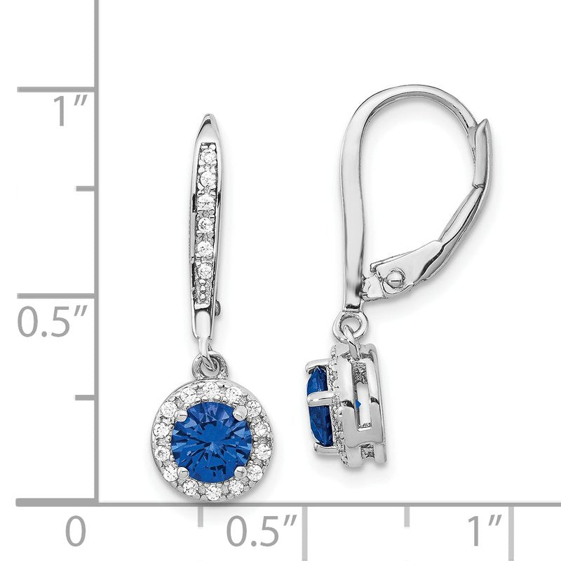 Sterling Silver Rhodium-plated Brilliant-cut Lab Created Dark Blue Spinel and Brilliant-cut White CZ Round Halo Leverback Dangle Earrings
