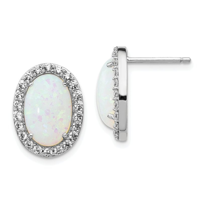 Sterling Silver Rhodium-plated Cabochon Lab Created Opal and Brilliant-cut CZ Oval Halo Post Earrings