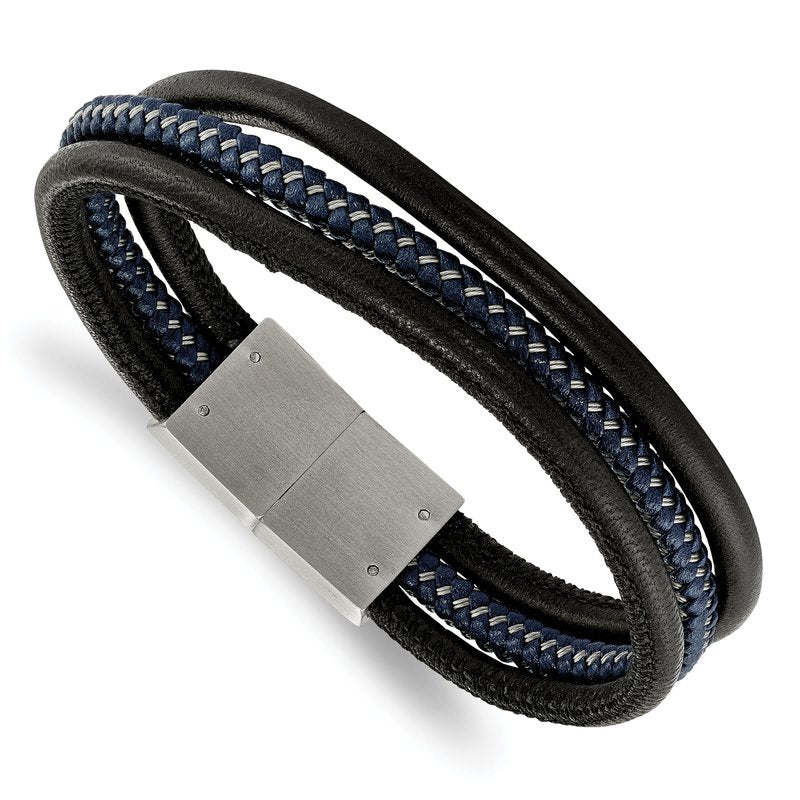 Stainless Steel Brushed Wire Multi Strand Black and Blue Braided Leather 8 inch Bracelet
