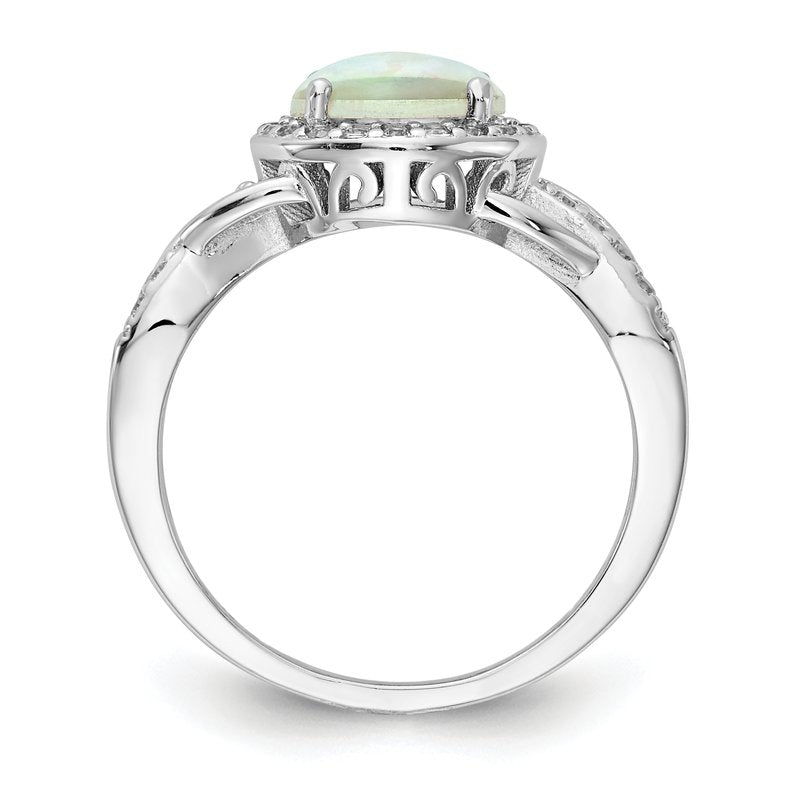 Sterling Silver Rhodium-plated Cabochon Lab Created Opal and Brilliant-cut CZ Woven Pattern Ring