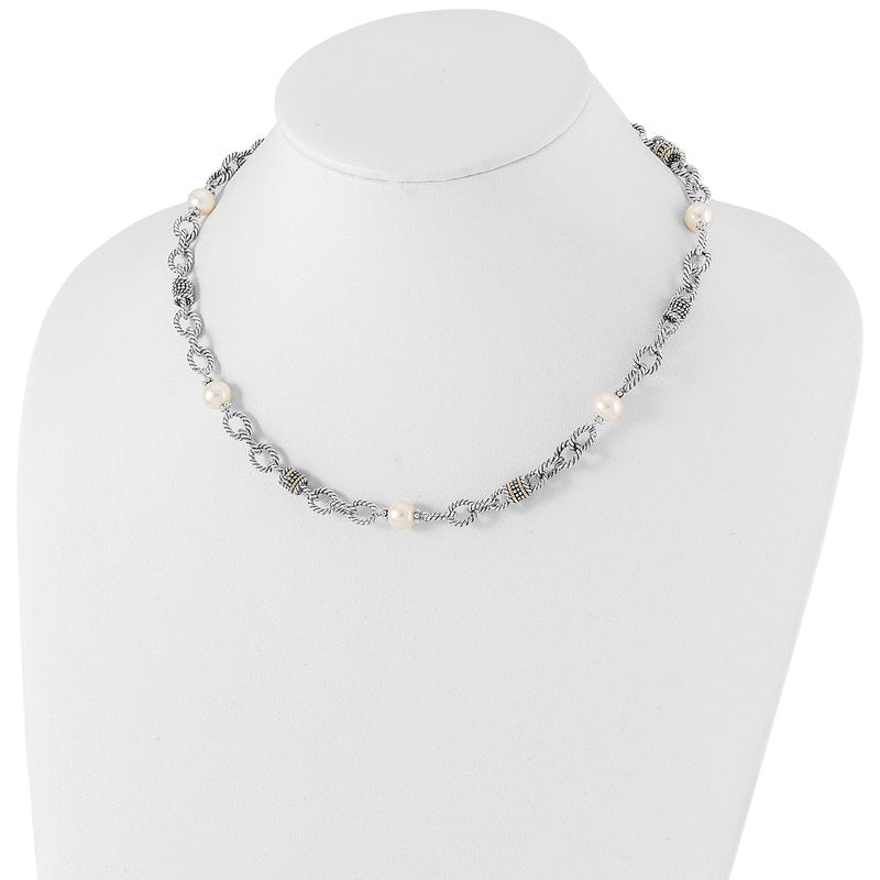 Sterling Silver with 14K Accent 18.5 Inch Antiqued 8-8.5mm Freshwater Cultured Pearl Necklace