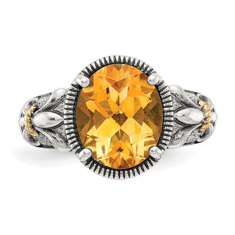 Sterling Silver with 14K Accent Antiqued Oval Citrine Ring
