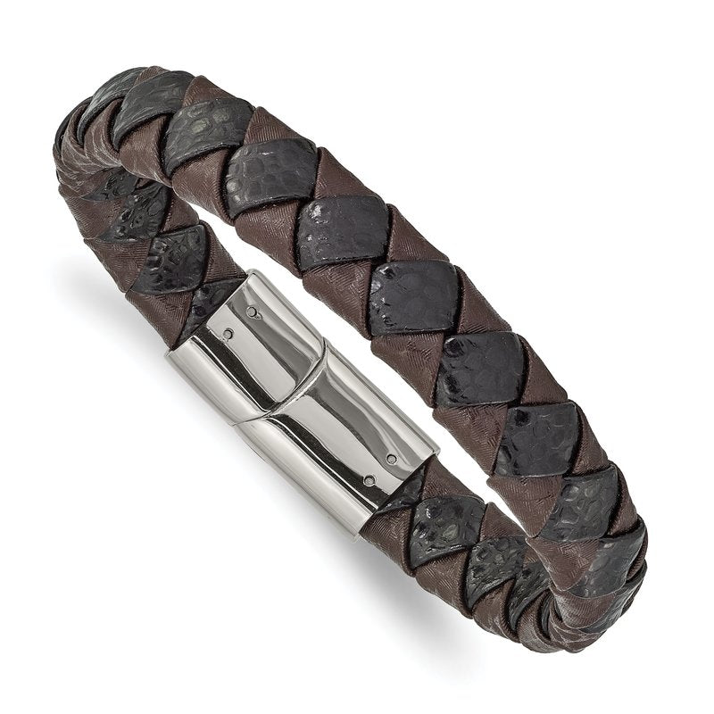 Stainless Steel Polished Black and Brown Textured Leather 8 inch Bracelet