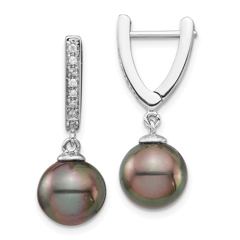 14k White Gold 9-10mm Black Round Tahitian Saltwater Cultured Pearl and .10 Carat Diamond Dangle Earrings