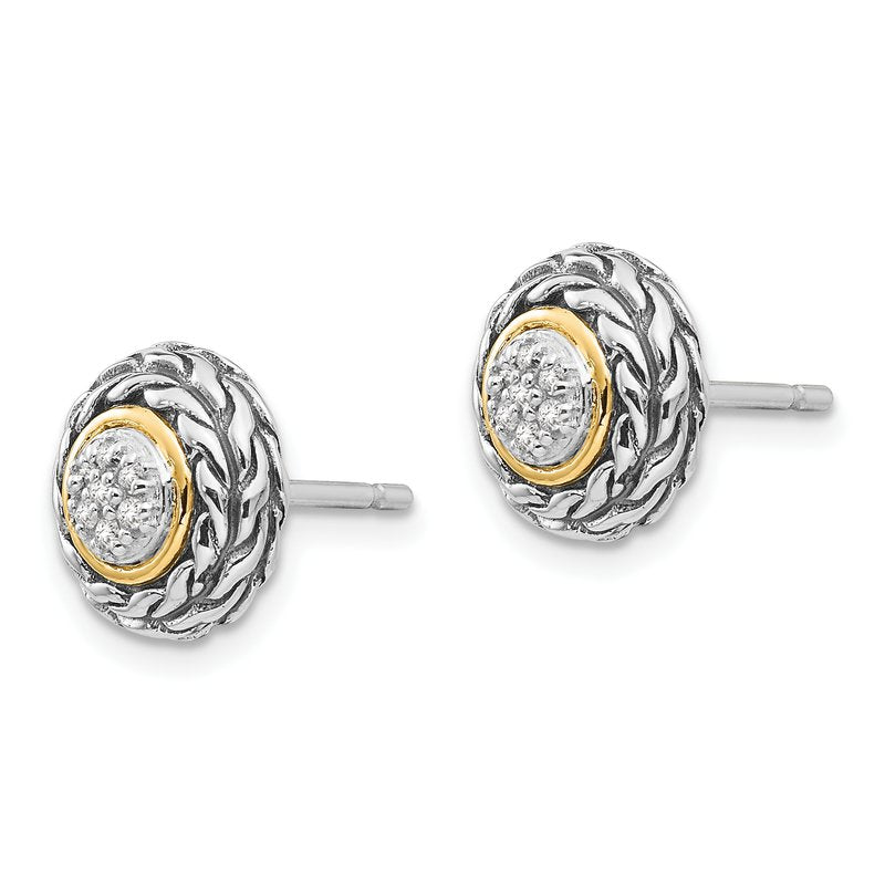 Sterling Silver Antiqued with 14K Accent Diamond Post Earrings