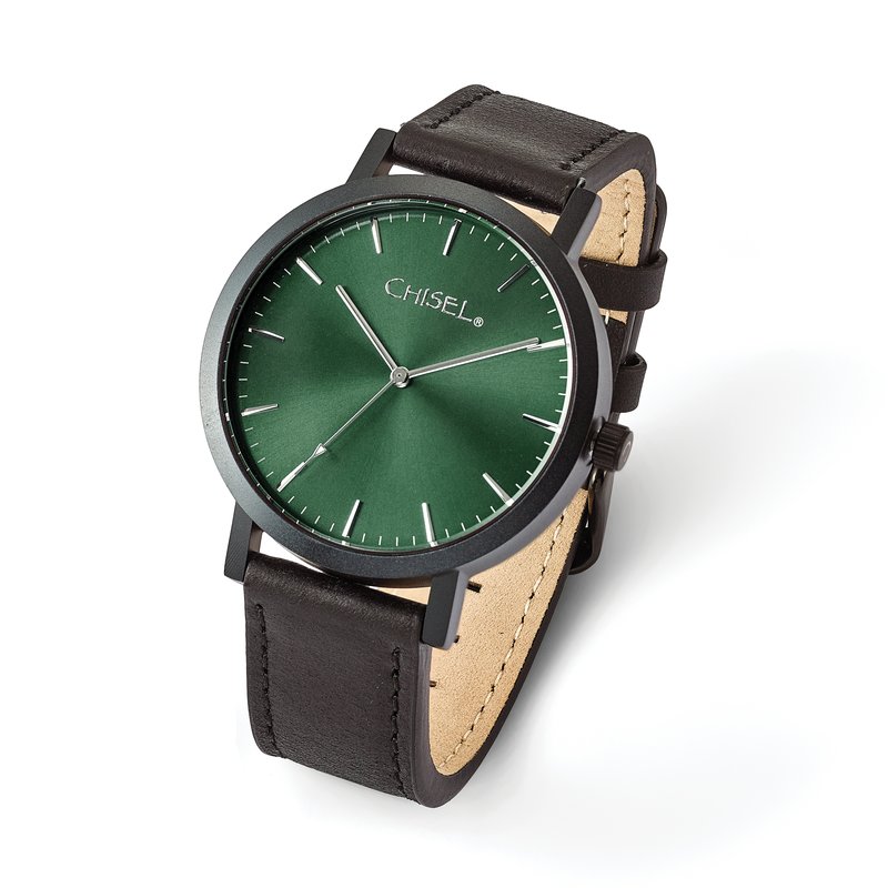 Matte Black IP-plated Green Dial Black Leather Band with Quick Release Watch