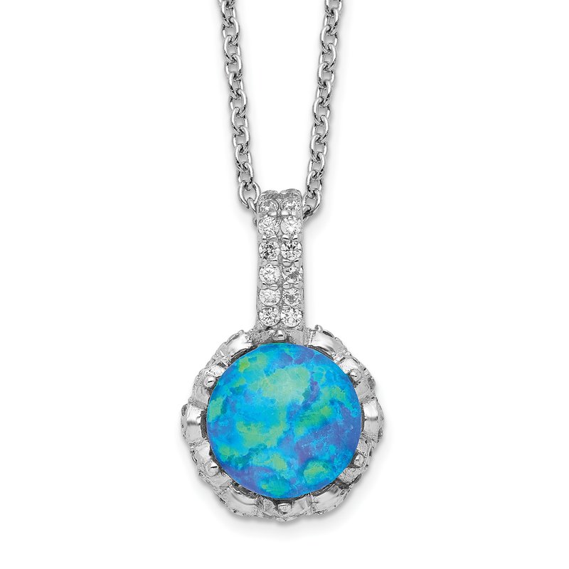 Sterling Silver Rhodium-plated Cabochon Lab Created Blue Opal and Brilliant-cut CZ 18.25 Inch Necklace