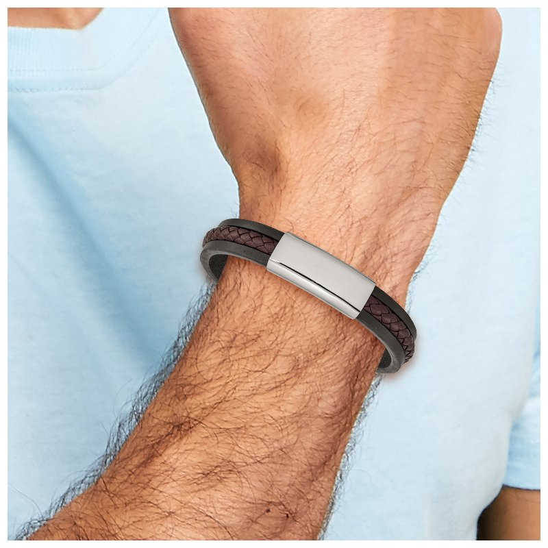 Stainless Steel Polished Black and Brown Braided Leather 8.25 inch ID Bracelet