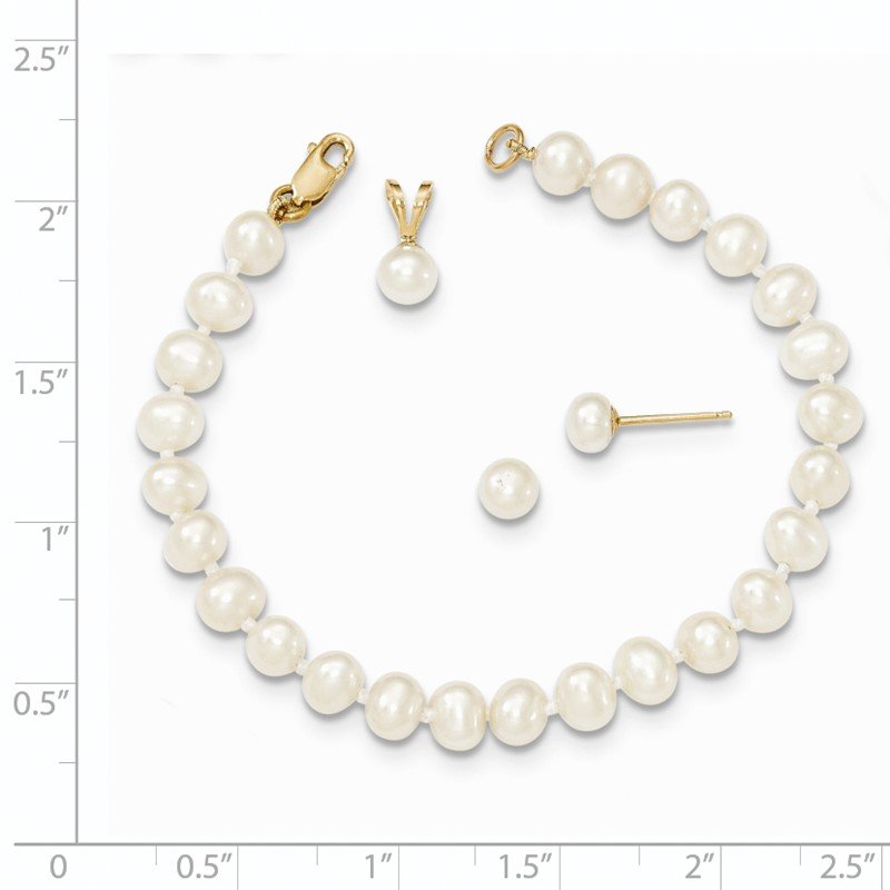 14k 4-5mm White Freshwater Cultured Pearl Pendant, 5 inch Bracelet and Post Earrings Set