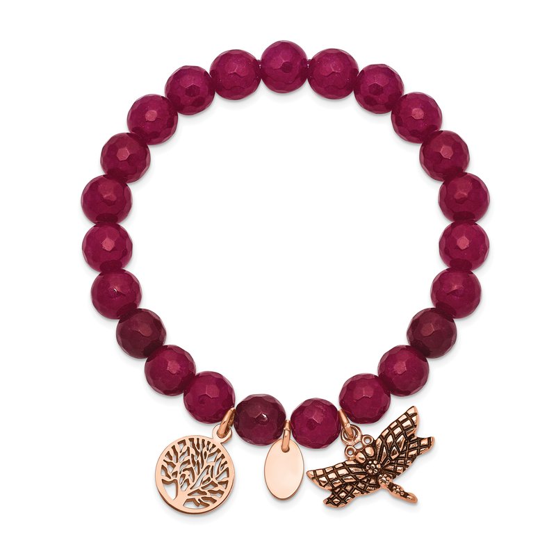 Stainless Steel Antiqued and Polished Rose IP-plated Dragonfly and Tree of Life 8mm Pink Dyed Jade Beaded Stretch Bracelet