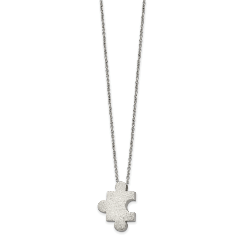 Stainless Steel Brushed Puzzle Piece Pendant on a 16 inch Cable Chain with 2.75 inch Extension Necklace