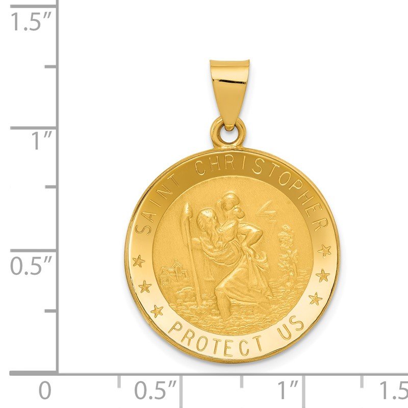 14k Polished and Satin Hollow Saint Christopher Medal Round Pendant