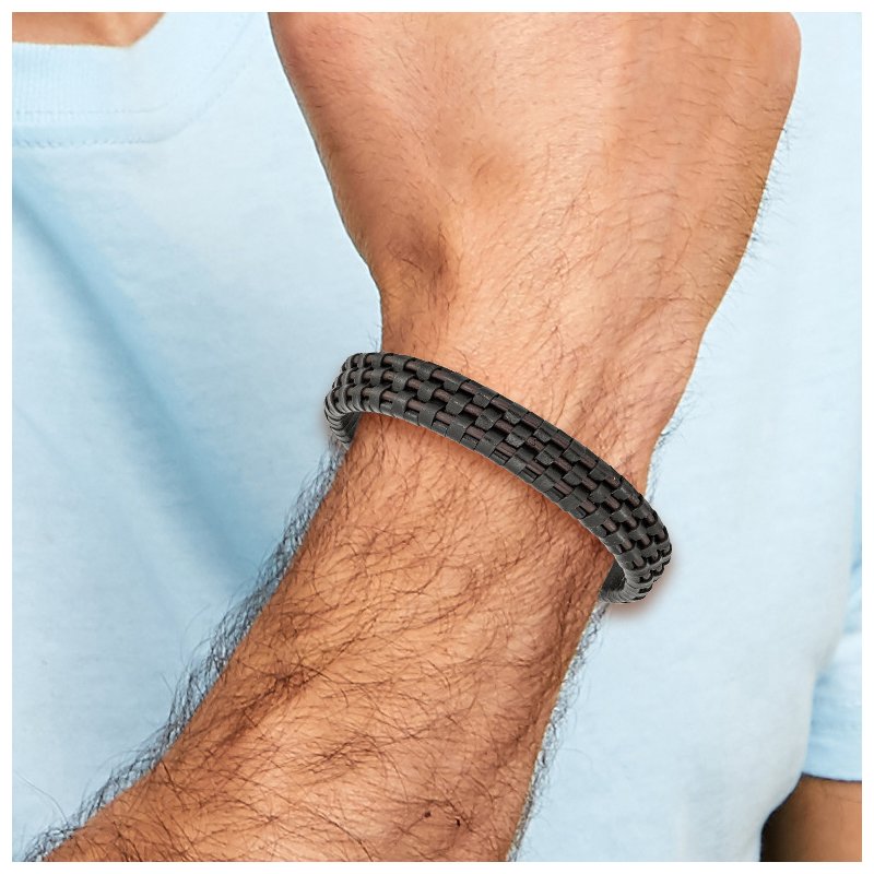Stainless Steel Polished Black IP-plated Black and Brown Leather 8.25 inch Bracelet