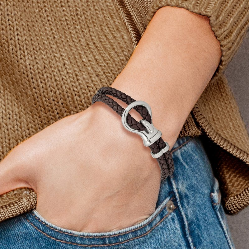 Stainless Steel Polished Brown Braided Leather 8 inch Bracelet