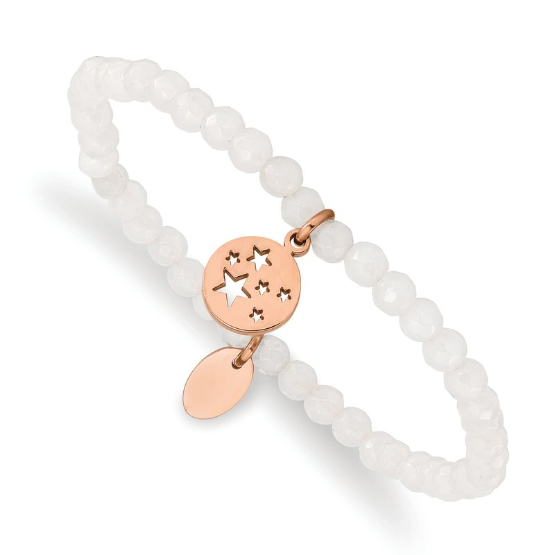 Stainless Steel Polished Rose IP-plated Stars 4mm White Jade Beaded Stretch Bracelet