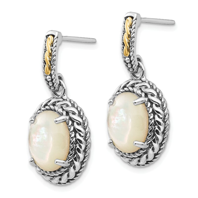 Sterling Silver with 14K Accent Antiqued Mother Of Pearl Post Dangle Earrings