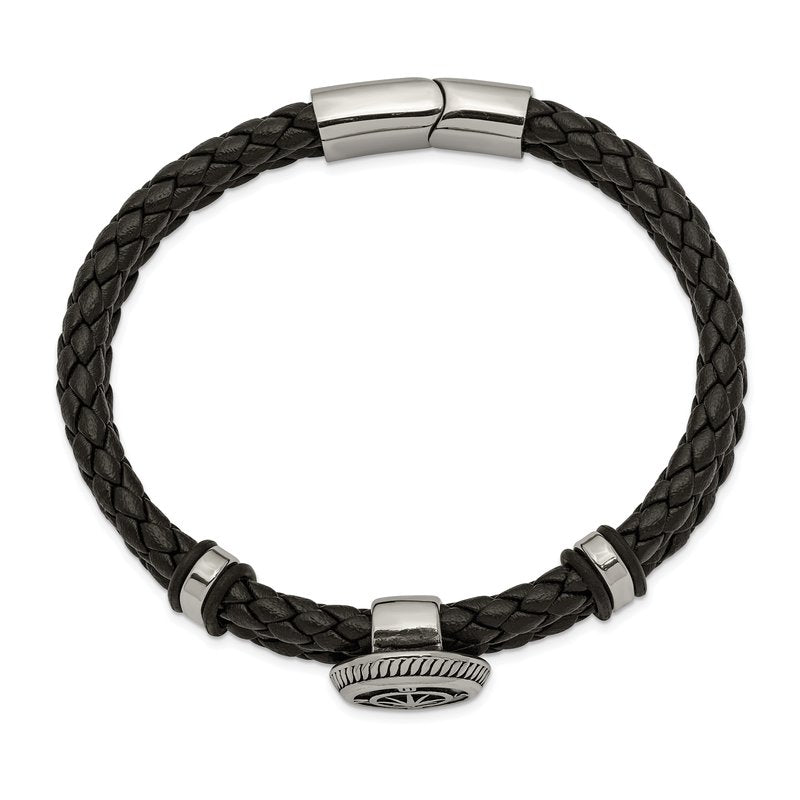 Stainless Steel Antiqued and Polished Compass Braided Black Leather 8 inch Bracelet