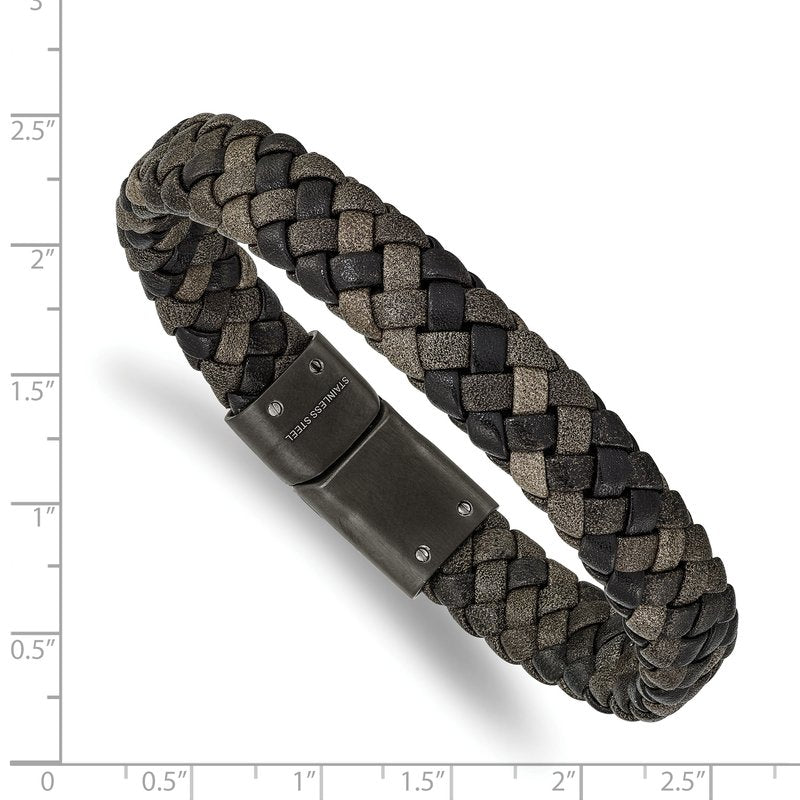 Stainless Steel Brushed Gun Metal IP-plated Brown Braided Leather 8.25 inch Bracelet